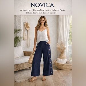 Novica,Artisan Navy Cotton Side-Button Palazzo Pants Ethical,Resort,Size Medium